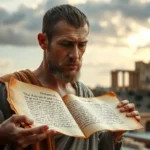 Homem antigo, Neemias, chorando com um pergaminho, simbolizando a tristeza pelos muros de Jerusalém.