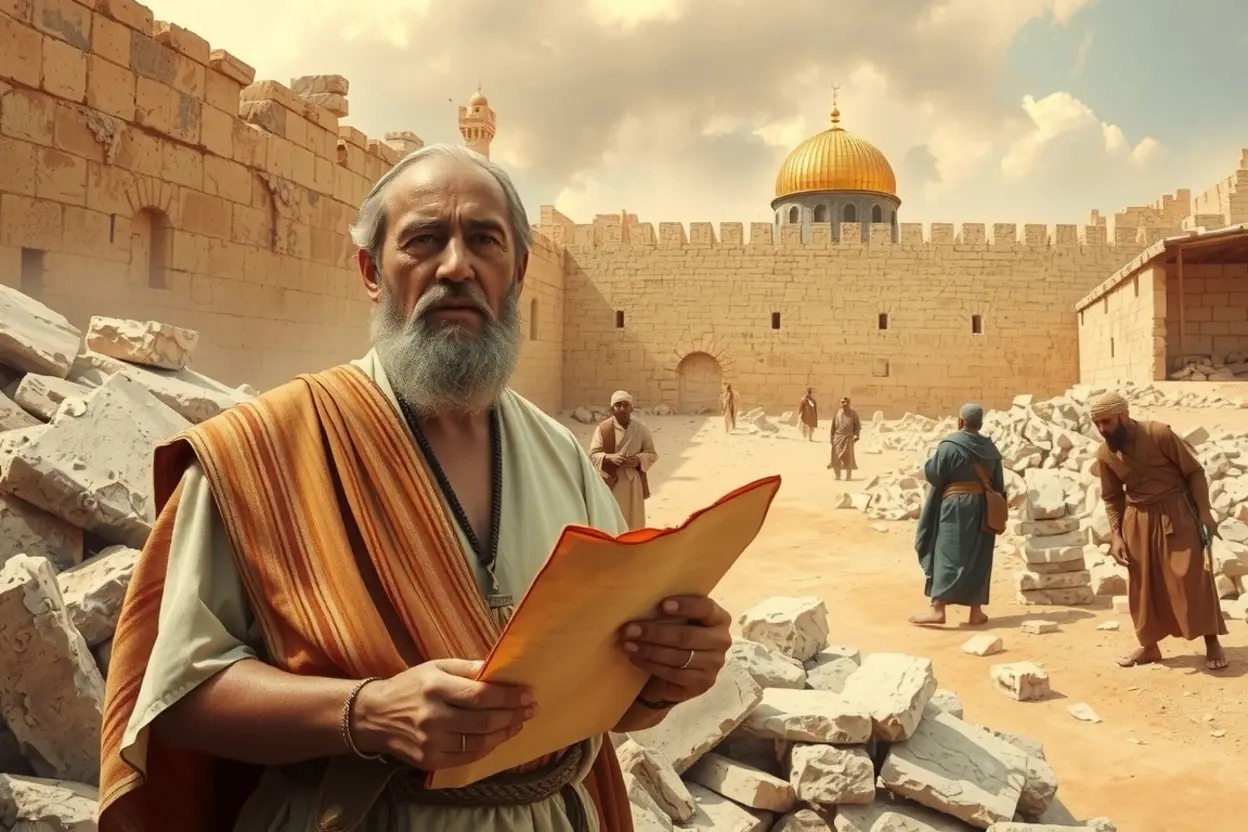 Neemias supervisionando a reconstrução dos muros de Jerusalém.