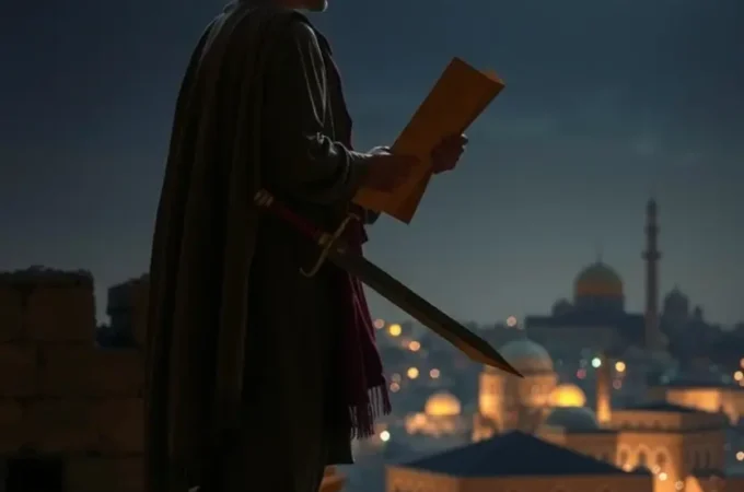 Neemias observando a reconstrução dos muros de Jerusalém sob a luz da lua.