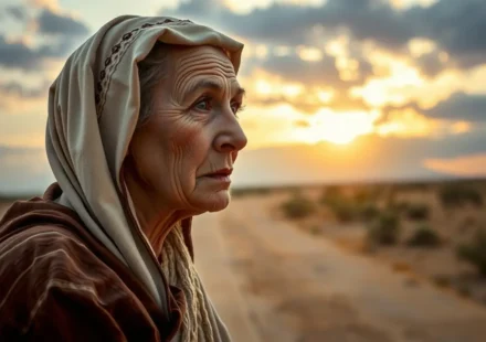 Mulher idosa em luto olhando para a luz, representando a providência divina.