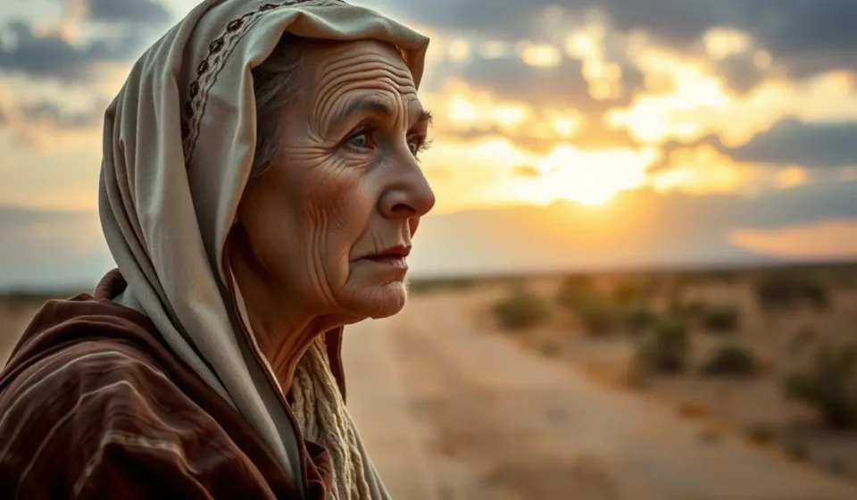Mulher idosa em luto olhando para a luz, representando a providência divina.