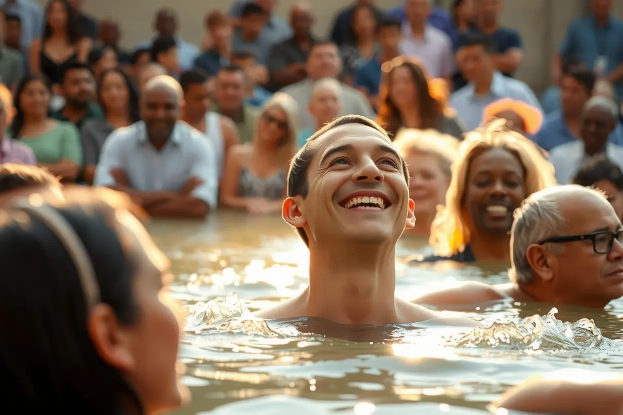 Nova Vida em Cristo Cristão emergindo da água, simbolizando a ressurreição com Cristo.