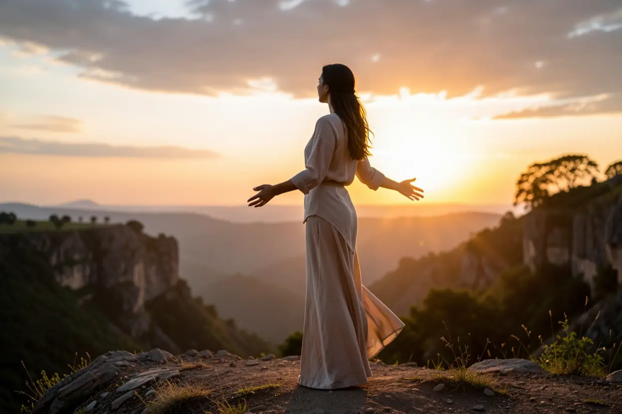 Mulher contemplando o nascer do sol, simbolizando o anseio espiritual por Deus.