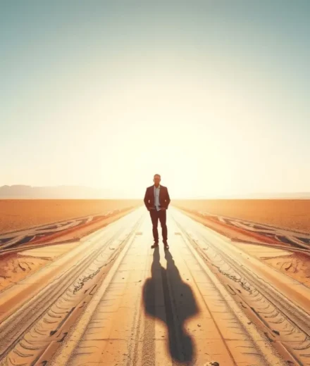 Pessoa em encruzilhada, olhando para frente, simbolizando Josué 1:7.