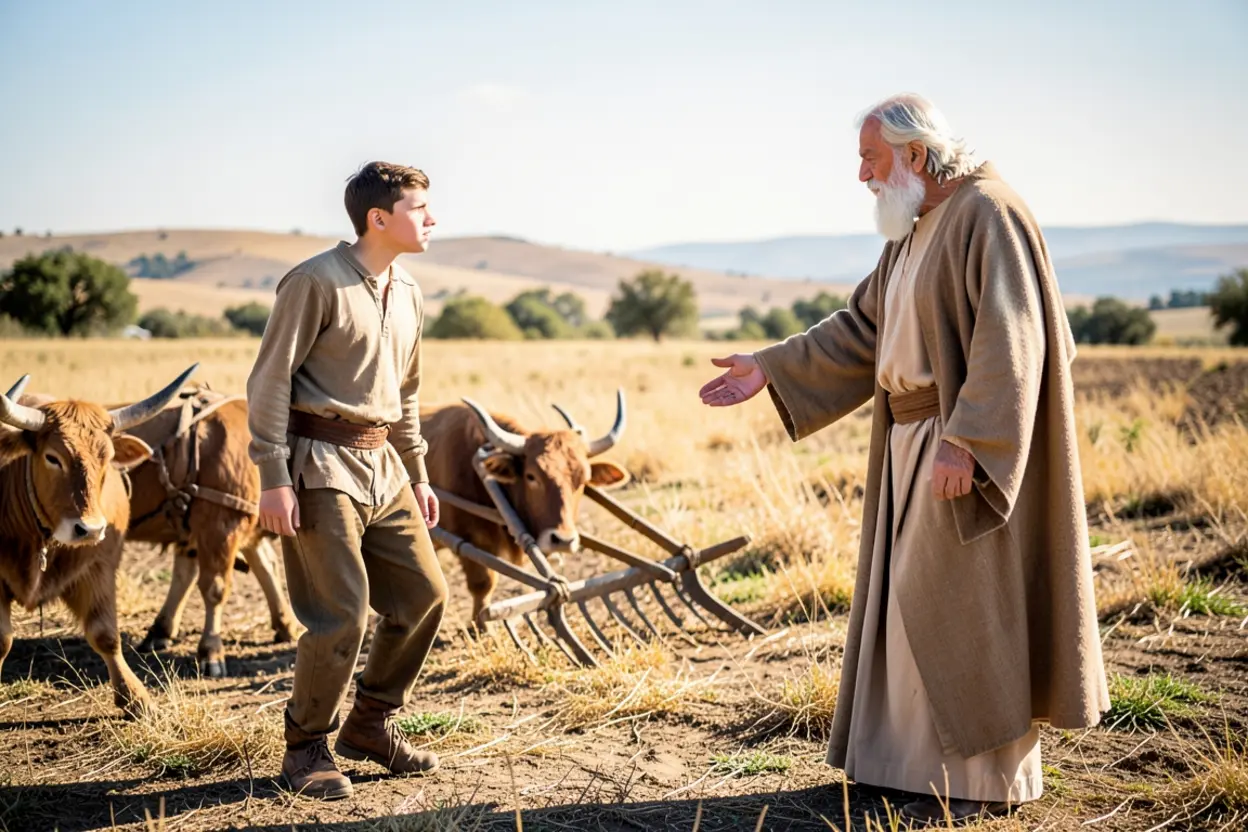 Eliseu deixando o arado para seguir Elias