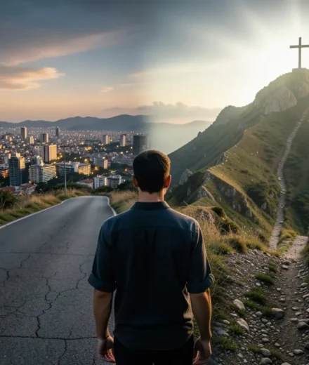 O Convite de Jesus: Renunciar para Seguir o Verdadeiro Tesouro Homem jovem em uma encruzilhada, escolhendo entre o caminho do mundo e o caminho do discipulado com uma cruz ao longe.
