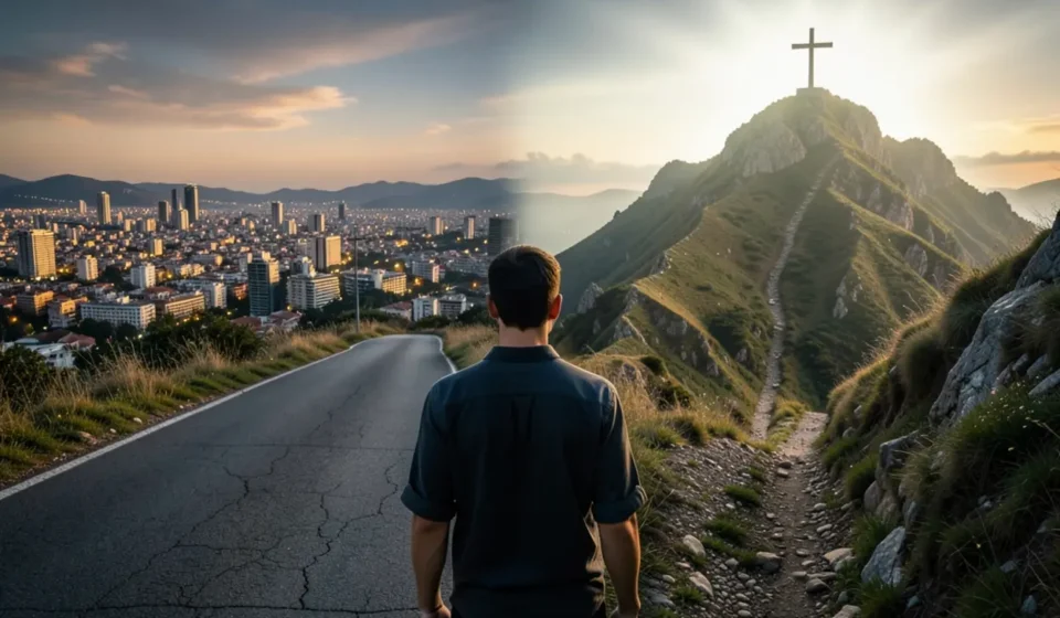 Homem jovem em uma encruzilhada, escolhendo entre o caminho do mundo e o caminho do discipulado com uma cruz ao longe.