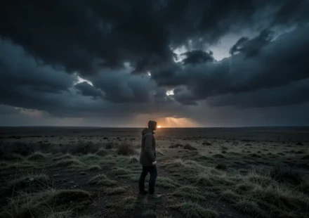 Homem solitário em paisagem desolada sob céu tempestuoso, simbolizando o Dia do Senhor.