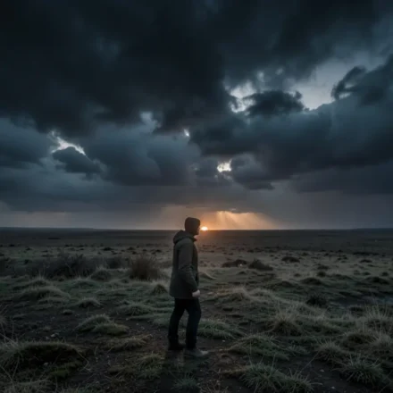 Homem solitário em paisagem desolada sob céu tempestuoso, simbolizando o Dia do Senhor.