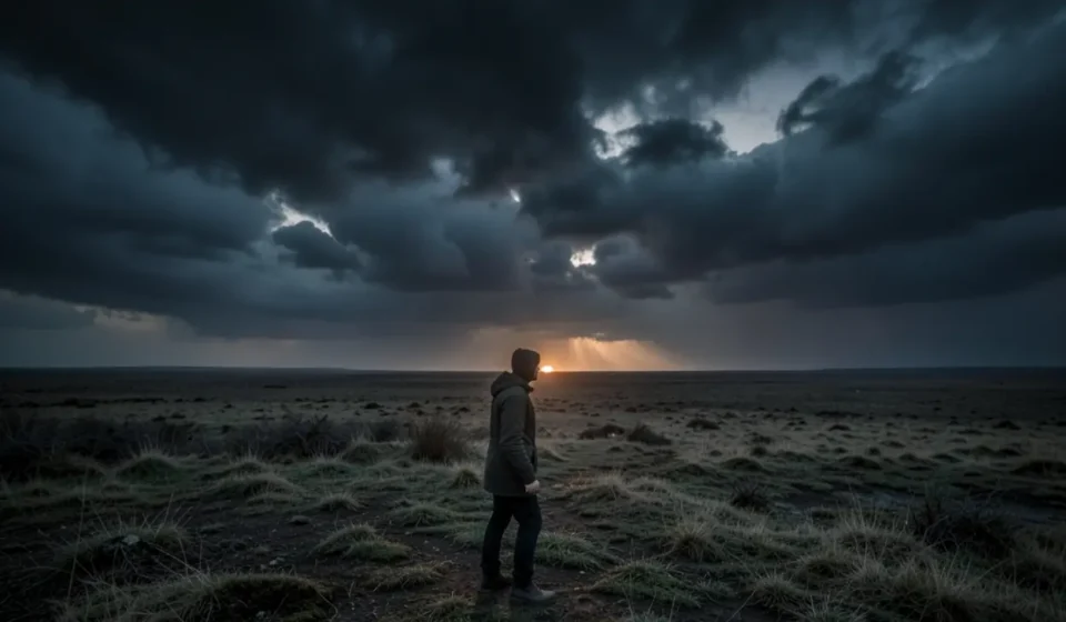 O Dia Implacável do Senhor: Uma Análise Comportamental de Sofonias 1:14 Homem solitário em paisagem desolada sob céu tempestuoso, simbolizando o Dia do Senhor.
