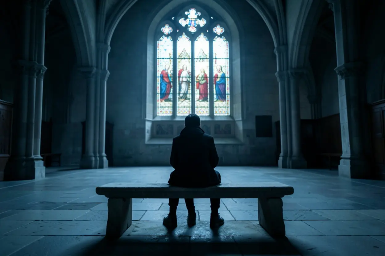 Pessoa sentada em igreja vazia, simbolizando a indiferença espiritual e o significado de Sofonias 1:12.
