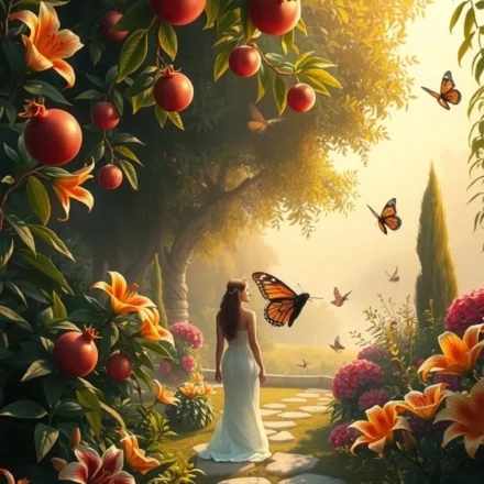 Um jardim exuberante e romântico ao amanhecer, repleto de flores e luz suave, simbolizando o amor sagrado.