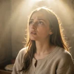 Maria em contemplação, envolta em luz divina.