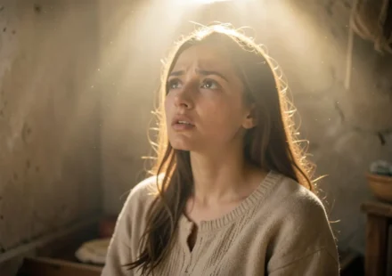 Maria em contemplação, envolta em luz divina.