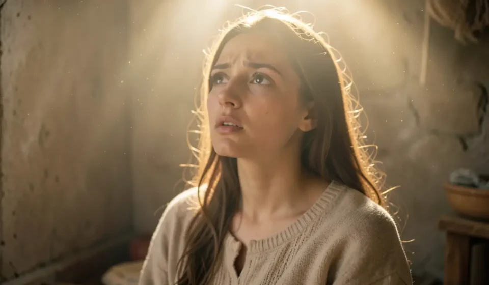 Maria em contemplação, envolta em luz divina.