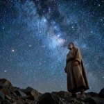Imagem de Abraão olhando para um céu noturno estrelado, representando a aliança divina e a promessa de descendência.