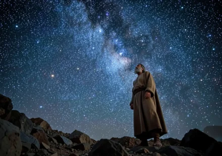 Imagem de Abraão olhando para um céu noturno estrelado, representando a aliança divina e a promessa de descendência.