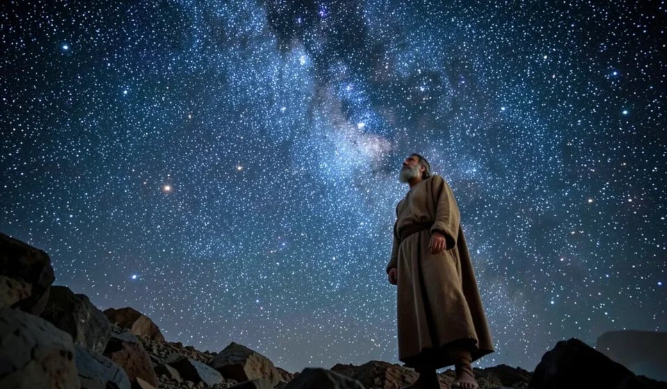 Imagem de Abraão olhando para um céu noturno estrelado, representando a aliança divina e a promessa de descendência.