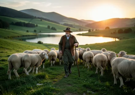 Pastor guiando ovelhas em vale verde ao pôr do sol