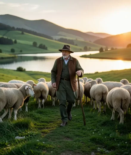 O Pastor e a Alma: Exposição Versículo a Versículo de Salmos 23 Pastor guiando ovelhas em vale verde ao pôr do sol