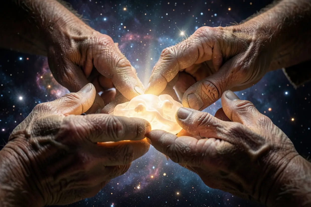 Mãos divinas moldando uma forma embrionária, representando o plano de Deus.