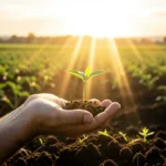 Impacto Cristão na Escola: Jovens, Fé e Testemunho Ativo Mão oferecendo um broto verde, simbolizando primícias e prosperidade.