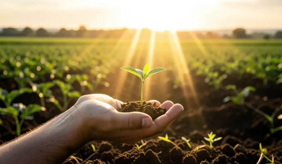 Mão oferecendo um broto verde, simbolizando primícias e prosperidade.