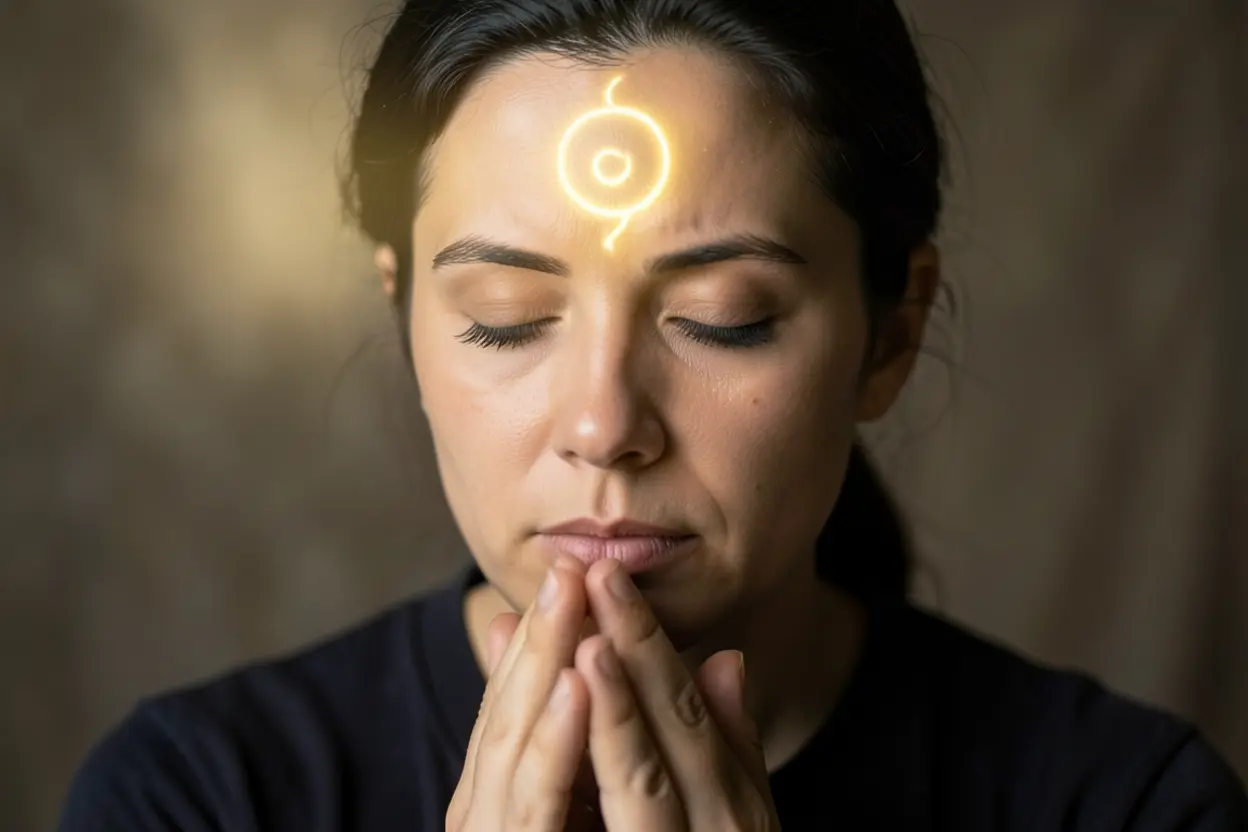 Pessoa em oração com luz dourada na testa, simbolizando o selo do Espírito Santo