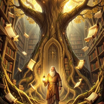 Uma biblioteca antiga dentro de uma árvore colossal, com luzes douradas e pergaminhos flutuantes simbolizando a sabedoria.