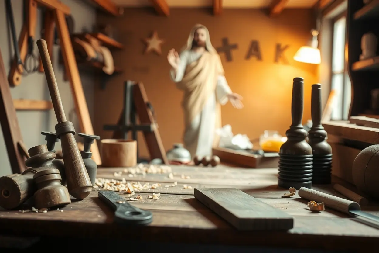 Cena de carpintaria com luz etérea, simbolizando o Verbo se fez carne.
