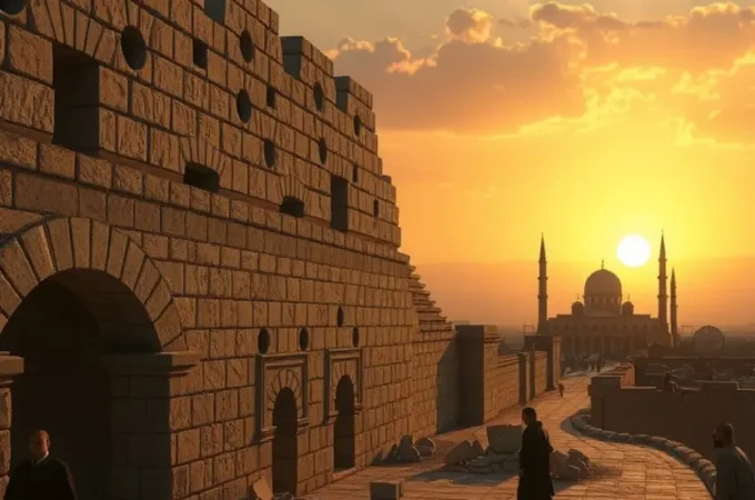 O povo de Israel reconstruindo as muralhas de Jerusalém ao amanhecer.