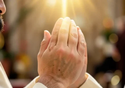 Mãos em oração recebendo luz divina