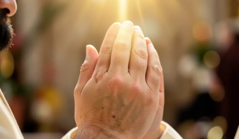 1 Samuel 2:1: O Significado Profundo do Chifre Exaltado no Senhor Mãos em oração recebendo luz divina