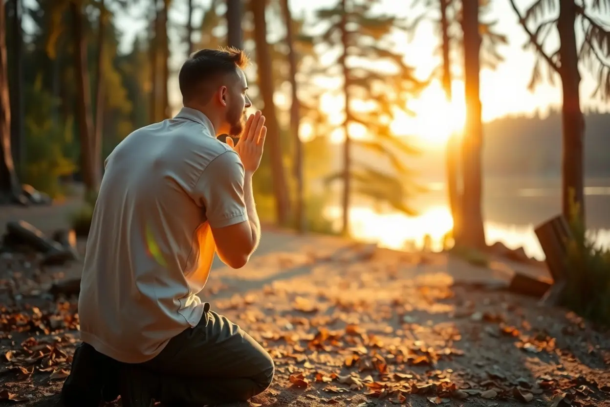 Pessoa orando em ambiente natural, buscando relacionamento pessoal com Deus na prática
