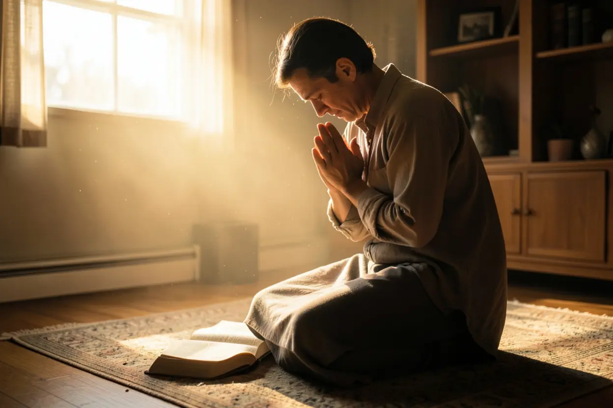 Homem orando com a Bíblia aberta