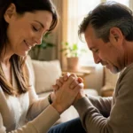 Casal orando junto em casa.