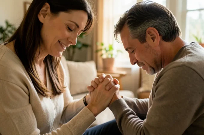 Casal orando junto em casa.