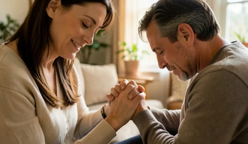 Oração em Casal: Fortaleça seu Casamento com Deus Diariamente Casal orando junto em casa.