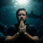 Homem orando no fundo do mar, luz divina.