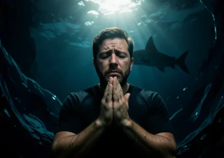 Homem orando no fundo do mar, luz divina.