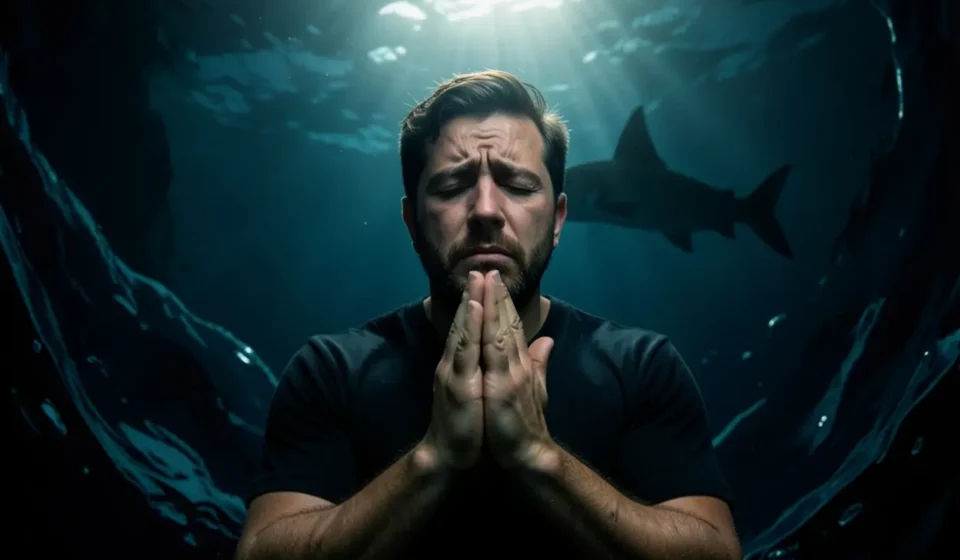 Homem orando no fundo do mar, luz divina.