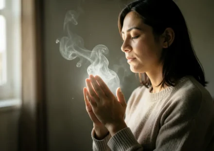 Pessoa orando em ambiente sereno, simbolizando a oração como fôlego espiritual.