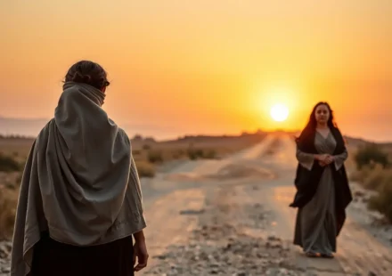 Duas mulheres em uma encruzilhada, simbolizando a decisão de Orfa e Rute.