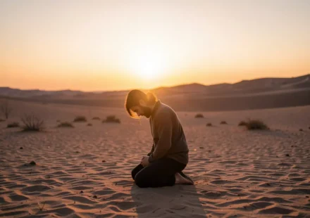 Oseias 2:14: A Voz de Deus no Deserto do Coração Humano Homem orando no deserto, luz divina.