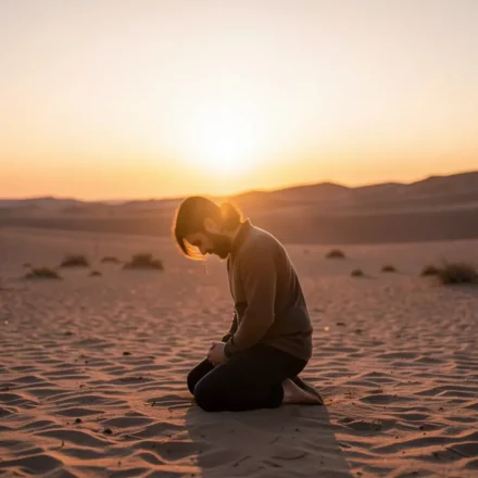 Homem orando no deserto, luz divina.