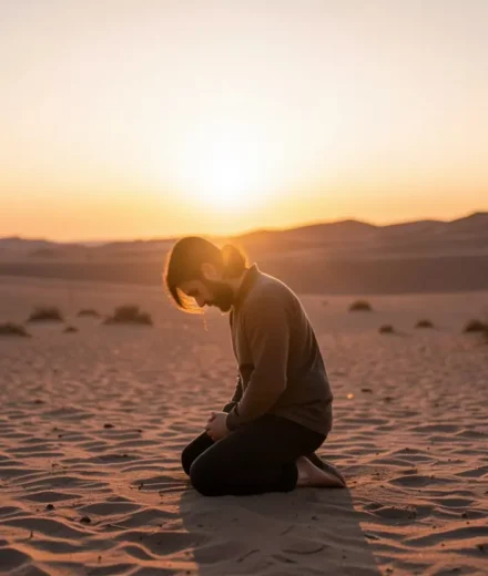 Homem orando no deserto, luz divina.
