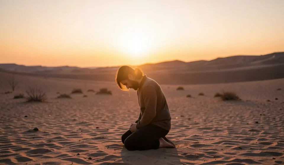 Oseias 2:14: A Voz de Deus no Deserto do Coração Humano Homem orando no deserto, luz divina.