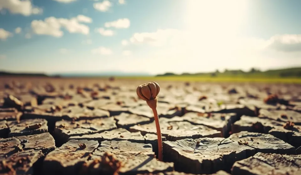 Planta seca em terra rachada, simbolizando a destruição por falta de conhecimento.
