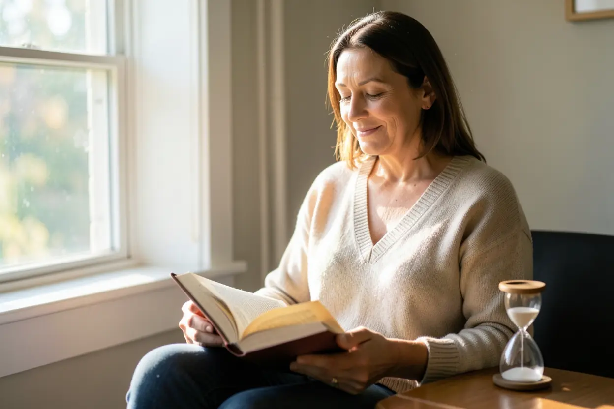 Mulher cristã serena com Bíblia, simbolizando a paciência e a confiança em Deus.
