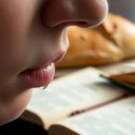 Uma lágrima escorrendo, pão e Bíblia.